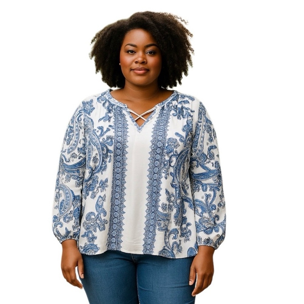 Peter Nygard Women's Sz 16 Blouse Lace-Up Blue White Flowy Plus Office Casual